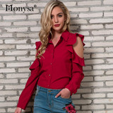 Cold Shoulder Tops Women 2018 Spring New Arrivals Fashion Ruffle Long Sleeeve Shirts Ladies Casual Chiffon Blouses Red White