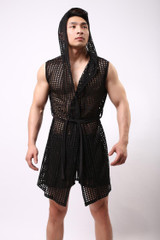male bathrobe summer elastic nylon mesh robe men with a hood bathrobe robe sexy sleepwear men