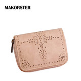 MAKORSTER Hollow Out Flower pattern Retro Wallet Female Purse Leather Bag Women wallets and purses Vintage Short Wallets MK149