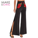 MAKEUCHIC Apparel Floral Embroidery Black Pants Women Leg Split High Waist Palazzo Pants Ladies Streetwear Casual Pant Female MAKEUCHIC Apparel Floral Embroidery Black Pants Women Leg Split High Waist Palazzo Pants Ladies Streetwear Casual Pant Female