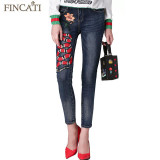Runway Branded Autumn Mid Waist Pantalon Femme Trousers Denim Jeans Embroidered Stretch Elastic Skinny Women Pencil Pants