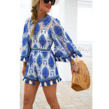 Ruiyige 2017 Sexy Jumpsuit Ladies Backless Wrist Playsuits Womens Summer Loose Blue Print Tassel Women Boho Plus Size Romper
