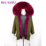 RUIHU New Fashion Woman Luxurious Real Fox fur lining Military Parka MIDI Large Raccoon fur Hooded Coat Outwear Winter Jacket