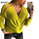 RUGOD Spring New Year V Neck Twisted Sweater Casual Sexy Women Jumpers Pullovers Long Sleeve Knitted Sweaters pull femme