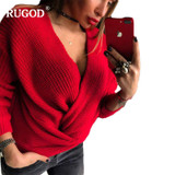 RUGOD Fashion Solid Sexy Cross Women Sweaters And Pullovers Spring V-neck Long Sleeve Female Jumper 2018 New Knitted Pull Femme