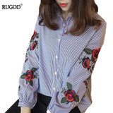 RUGOD 2018 Spring Shirts Women Turn-Down Long Sleeve Flower Embroidery Single-Breasted Blouses Lady Fashion Loose Tops Blusas