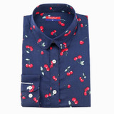 New Floral Cotton Women Shirts Casual Cherry Shirt Turn-Down Collar Blouses Cherry Long Sleeve Shirt Women Fashion Clothing 2017