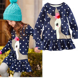 New Lovely Girls Dresses  Girls Long Sleeve O-neck Dress One-piece Dots Deer Cotton Dress Casual Mini  Dress