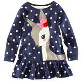 New Lovely Girls Dresses  Girls Long Sleeve O-neck Dress One-piece Dots Deer Cotton Dress Casual Mini  Dress