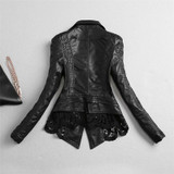 New Lady Autumn Fashion Jacket Lace Patchwork  Slim Women Jacket  Pu Leather V-neck Short Outwear Coat  A264