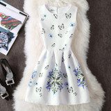 New Ladies Party Dress Women Summer Office Ladies O Neck Jacquard Print Vintage Ball Gown Slim Vest Dresses Vestidos Clothes