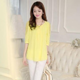 New Korean  Summer Blusas Femininas Loose Lace Blouse O-Neck Half Sleeve Dot Print Chiffon Blouses Women Lace Shirt