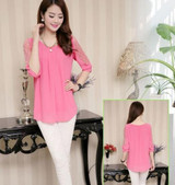 New Korean  Summer Blusas Femininas Loose Lace Blouse O-Neck Half Sleeve Dot Print Chiffon Blouses Women Lace Shirt
