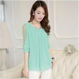 New Korean  Summer Blusas Femininas Loose Lace Blouse O-Neck Half Sleeve Dot Print Chiffon Blouses Women Lace Shirt