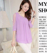 New Korean  Summer Blusas Femininas Loose Lace Blouse O-Neck Half Sleeve Dot Print Chiffon Blouses Women Lace Shirt