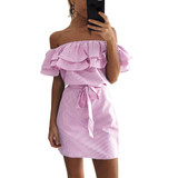 Ruffles Summer Dress 2018 Women Stripe Print Off Shoulder Elastic Slash Neck Dress Casual Party Beach Dresses Vestidos