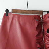 Ruffles Ruched Design Front Zipper Pencil Mini Skirt Women Leather Skirt