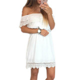 Ruffles Lace Chiffon Beach Mini Club Dress Women Sleeveless Slash Neck Party Sexy Summer Elastic Waist Sundress Vestidos LX302