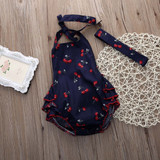 Ruffled Baby Rompers Girl Baby Costumes Set Kids Jumpsuit Cotton Cherry Printed Romper with bow headband