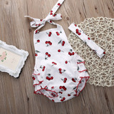 Ruffled Baby Rompers Girl Baby Costumes Set Kids Jumpsuit Cotton Cherry Printed Romper with bow headband