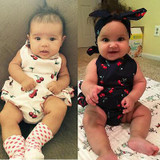 Ruffled Baby Rompers Girl Baby Costumes Set Kids Jumpsuit Cotton Cherry Printed Romper with bow headband
