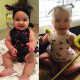 Ruffled Baby Rompers Girl Baby Costumes Set Kids Jumpsuit Cotton Cherry Printed Romper with bow headband