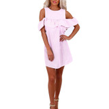 Ruffle Women Dresses Sexy Off Shoulder Zipper Back Blue And White Striped Cute Dress Casual Summer Dress