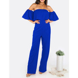 Ruffle Elegant Rompers Women Jumpsuit 2016 New Fashion Off The Shoulder Bodysuit Boot Cut Romper Playsuits Long Pants Plus Size