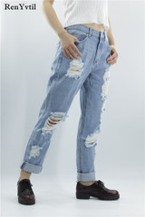 RenYvtil Women's Ripped Trousers Casual New Arrival Vogue Hole Blue Denim Pants for Ladies Straight Boyfriend Comfort Loose Jean