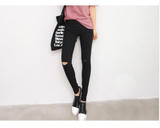 RenYvtil Plus Size 2017 High Elastic Cotton Women Black High Waist Torn Jeans Ripped Knee Skinny Pencil Pants Slim Capris 3XL