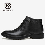 RELIKEY Brand Men Boots Handmade Genuine Alligator Shoes,Winter Warm Comfortable Fashion Ankle Boots,Men Casual Shoes With Fur.