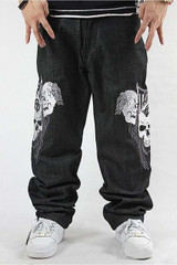 Fashion Jeans Men Black Denim Jeans Pants Skulls Embroidery Loose Hip Hop Harem Skateboard Trousers Plus Size 30-44