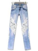 Fashion hollow out lace patchwork skinny full length jeans women pants trousers plus size for feminino ladies