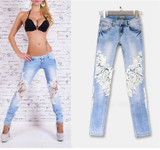 Fashion hollow out lace patchwork skinny full length jeans women pants trousers plus size for feminino ladies