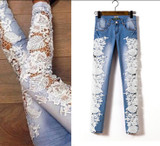 Fashion hollow out lace patchwork skinny full length jeans women pants trousers plus size for feminino ladies