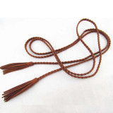 fashion hand-knit long leather designer braid waist belt with tassel party belts & cummerbunds for women girls string waistband
