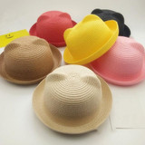 Fashion Girls Boys Straw Hats Summer Baby Sun Hat Lovely Children Solid Floppy Cat Ears Decor Cap JL