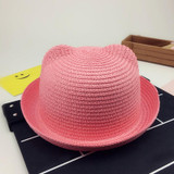 Fashion Girls Boys Straw Hats Summer Baby Sun Hat Lovely Children Solid Floppy Cat Ears Decor Cap JL