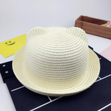Fashion Girls Boys Straw Hats Summer Baby Sun Hat Lovely Children Solid Floppy Cat Ears Decor Cap JL