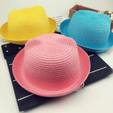 Fashion Girls Boys Straw Hats Summer Baby Sun Hat Lovely Children Solid Floppy Cat Ears Decor Cap JL