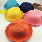 Fashion Girls Boys Straw Hats Summer Baby Sun Hat Lovely Children Solid Floppy Cat Ears Decor Cap JL