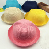 Fashion Girls Boys Straw Hats Summer Baby Sun Hat Lovely Children Solid Floppy Cat Ears Decor Cap JL