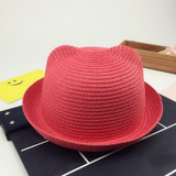 Fashion Girls Boys Straw Hats Summer Baby Sun Hat Lovely Children Solid Floppy Cat Ears Decor Cap JL