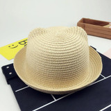 Fashion Girls Boys Straw Hats Summer Baby Sun Hat Lovely Children Solid Floppy Cat Ears Decor Cap JL