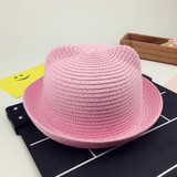 Fashion Girls Boys Straw Hats Summer Baby Sun Hat Lovely Children Solid Floppy Cat Ears Decor Cap JL