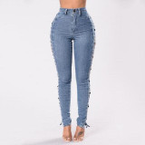 Sibybo Women Lace Up Jeans 2017 Fashion Ripped High Waist Skinny Denim Pencil Pants Sexy Side Hollow Out Bodycon Jeans