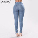 Sibybo Women Lace Up Jeans 2017 Fashion Ripped High Waist Skinny Denim Pencil Pants Sexy Side Hollow Out Bodycon Jeans
