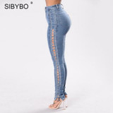 Sibybo Women Lace Up Jeans 2017 Fashion Ripped High Waist Skinny Denim Pencil Pants Sexy Side Hollow Out Bodycon Jeans