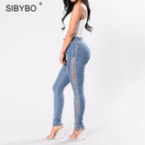 Sibybo Women Lace Up Jeans 2017 Fashion Ripped High Waist Skinny Denim Pencil Pants Sexy Side Hollow Out Bodycon Jeans