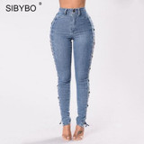 Sibybo Women Lace Up Jeans 2017 Fashion Ripped High Waist Skinny Denim Pencil Pants Sexy Side Hollow Out Bodycon Jeans